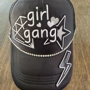 Girl Gang Embroidered Black Cap with Rhinestone Trim